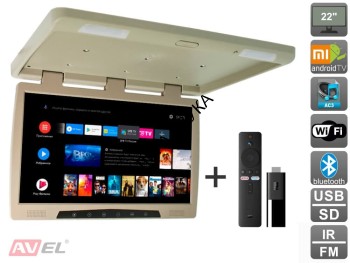 Потолочный монитор на Android Avel AVS2220MPP (бежевый) + Xiaomi Mi TV Stick + AV1252DC AVIS AVS2220MPP (бежевый) - Потолочный автомобильный монитор 22" со встроенным медиаплеером 