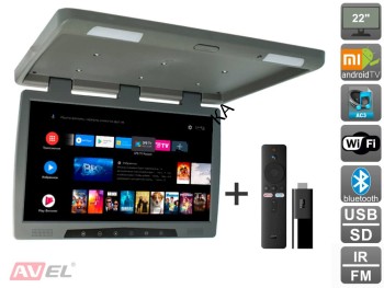 Потолочный монитор на Android Avel AVS2220MPP (серый) + Xiaomi Mi TV Stick + AV1252DC AVIS AVS2220MPP (серый) - Потолочный автомобильный монитор 22" со встроенным медиаплеером 